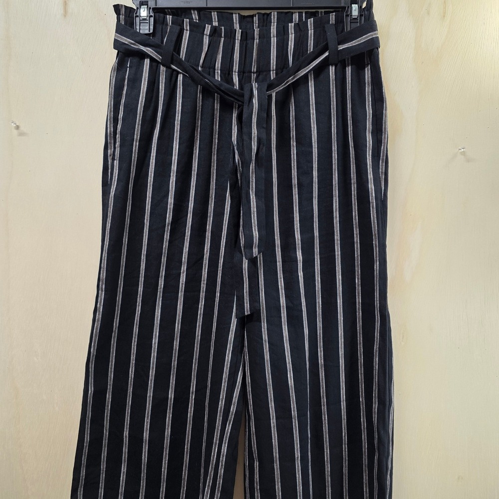 J. Jill Linen Stretch Striped Paperbag Wide Leg Crop Pants Black Petite Small - Picture 14 of 16
